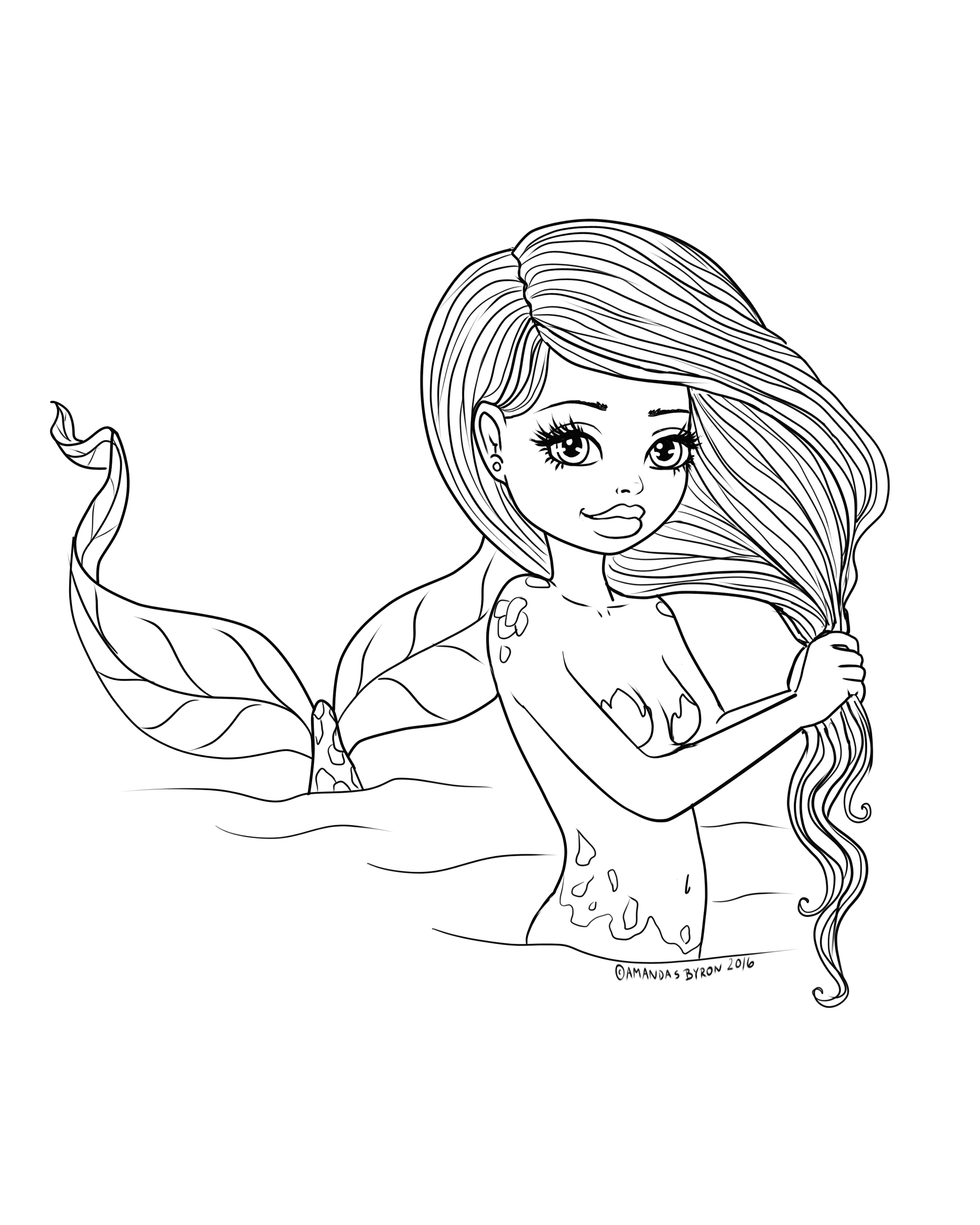 Free to Color Mermaid Playing with Hair